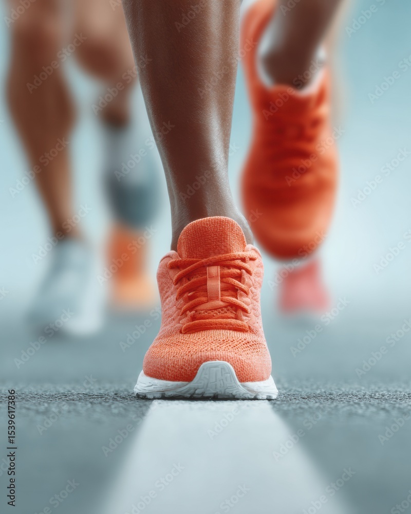 Poster urban marathon runners fitness level captured in dynamic close-up of running shoes on city asphalt w