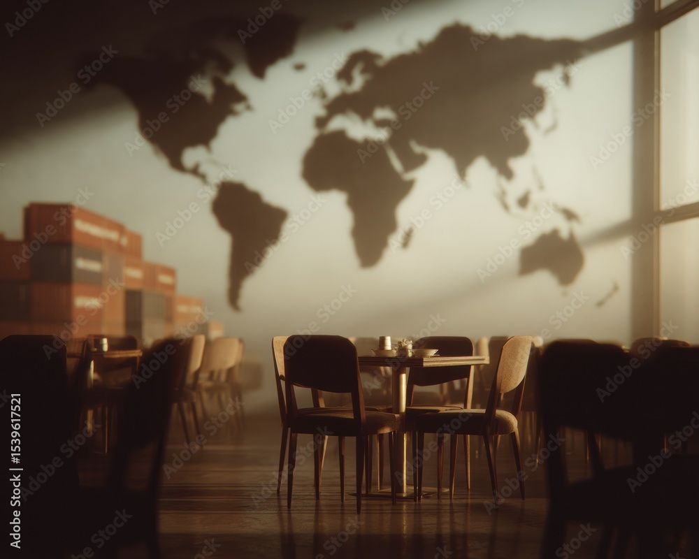 Poster Modern Export Policy and Global Trade Visualization with Cargo Containers and World Map Projection for Shipping Logistics and Supply Chain Management