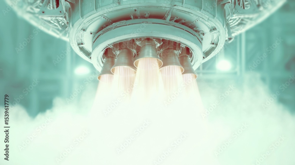 Aufkleber powerful rocket engine ignition with intense thrust flames amid industrial metal launch structure - 