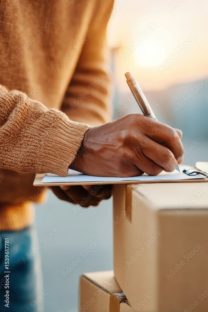 Poster minimalist customs paperwork signing on clipboard with pen and cardboard boxes in warehouse setting,