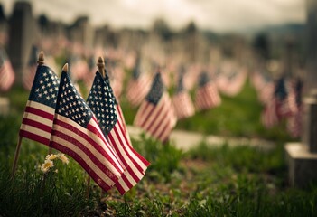 Small American flags and headstones at National cemetary- Memorial Day display. High quality