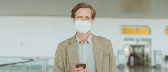 Modern Digital Vaccine Passport Displayed by Businessman Wearing Mask at Airport Terminal Emphasizing Safe Travel and Health Technology in Minimalist Style