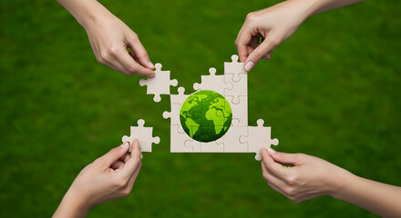Teamwork Global Solution Green Puzzle Eco Friendly Concept