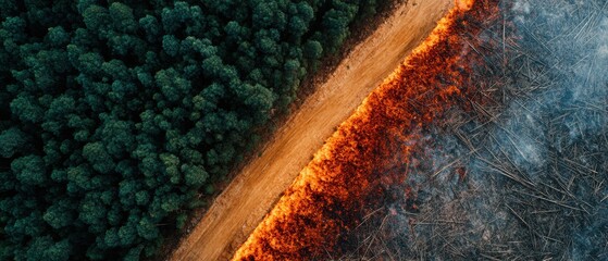 Dramatic aerial view of biodiversity loss showing stark forest boundary, charred textures, intense orange firelight, and deforestation impact for environmental campaigns
