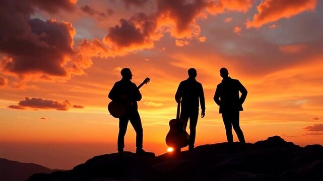 Three silhouetted musicians stand on a rocky outcrop against a vibrant sunset sky.