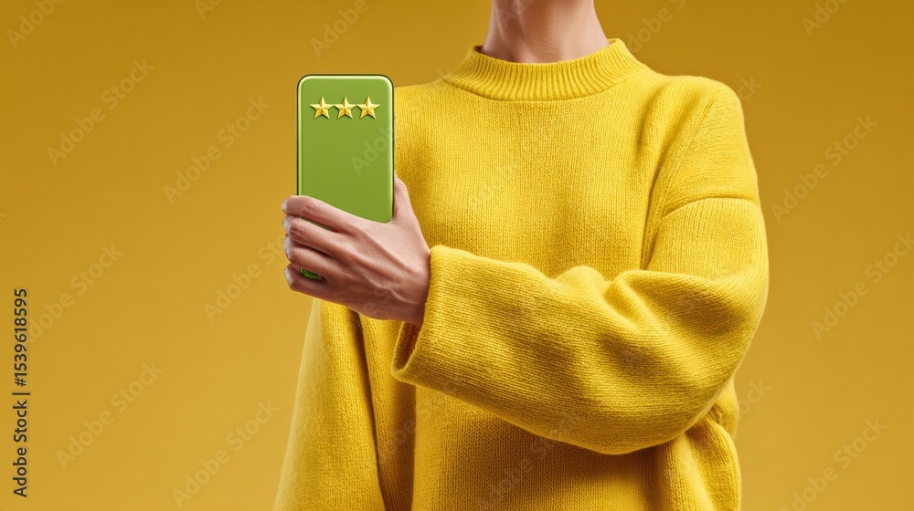 Poster modern business customer feedback concept with smartphone star rating and relaxed user, digital over