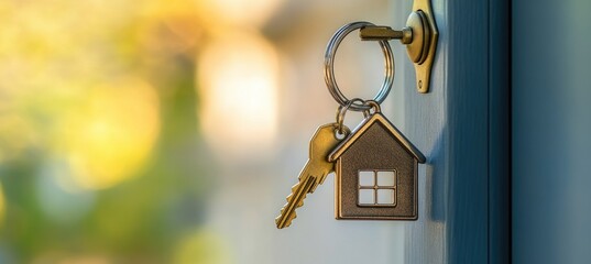 House keys dangling from a door knob.  A small house shaped keychain and keys hang from a ring on a door.  Blurred background shows warm outdoor light