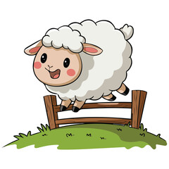 cute cartoon sheep jumping over fence isolated vector illustration