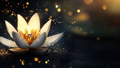 Glowing white lotus flower on dark background with golden sparkles