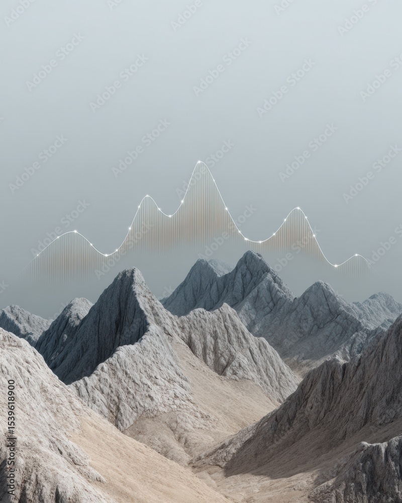 Aufkleber High Frequency Electromagnetic Wave Spectrum Graph Over Mountain Range Landscape for Telecom Engineering and Signal Analysis Technology Visualization
