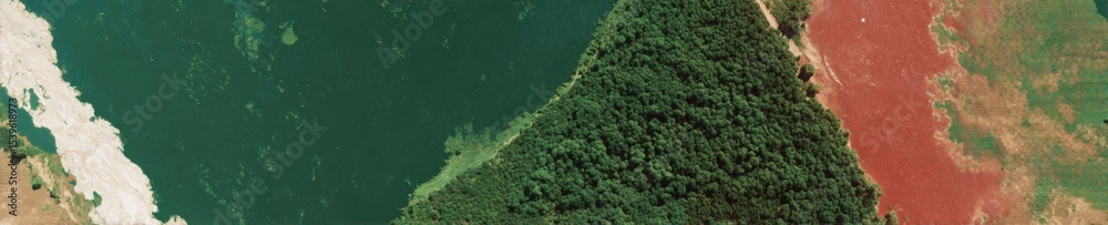 Poster aerial view of contrasting flooded and drought-affected landscapes showing environmental transition 