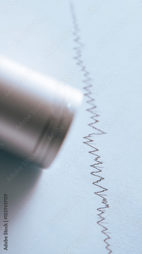 Poster close-up of seismograph needle drawing tremor lines on paper showing earthquake activity for scienti