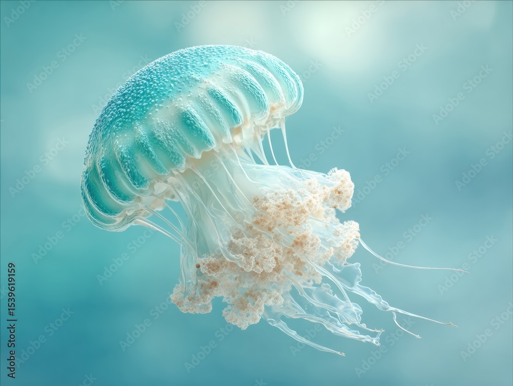 Poster cyan jellyfish floating with luminous bell and delicate tentacles in serene aquatic environment for 