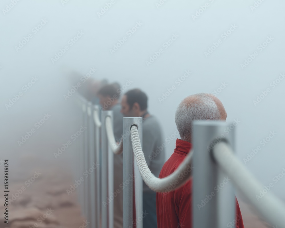 Poster modern crowd control with stainless steel poles and ropes at urban queue in foggy atmosphere for tou