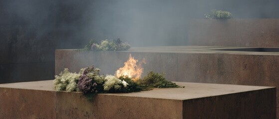 Eternal Flame Memorial Platform with Burning Flame and Floral Tributes in a Solemn Setting for Remembrance and Honor Campaigns