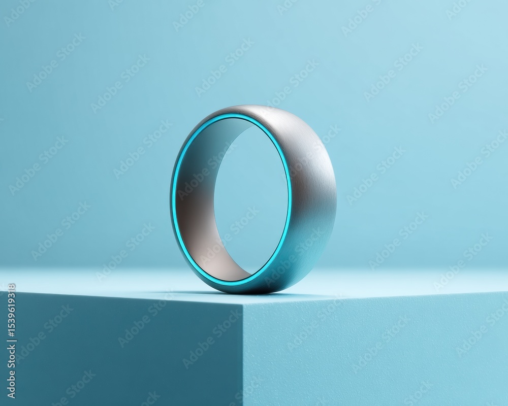 Aufkleber futuristic metallic smart ring with cyan rim light on minimalist blue cube - high contrast wearable 