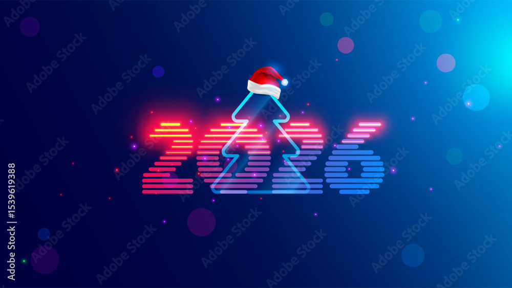 Poster the new year banner of 2026. christmas tree with neon numbers 2026. a celebration banner in the tech