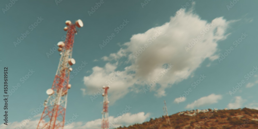 Aufkleber Telecommunication Towers on Hilltop with Illuminated Network Lines Representing Seamless Connectivity and Modern Digital Infrastructure for Telecom Branding