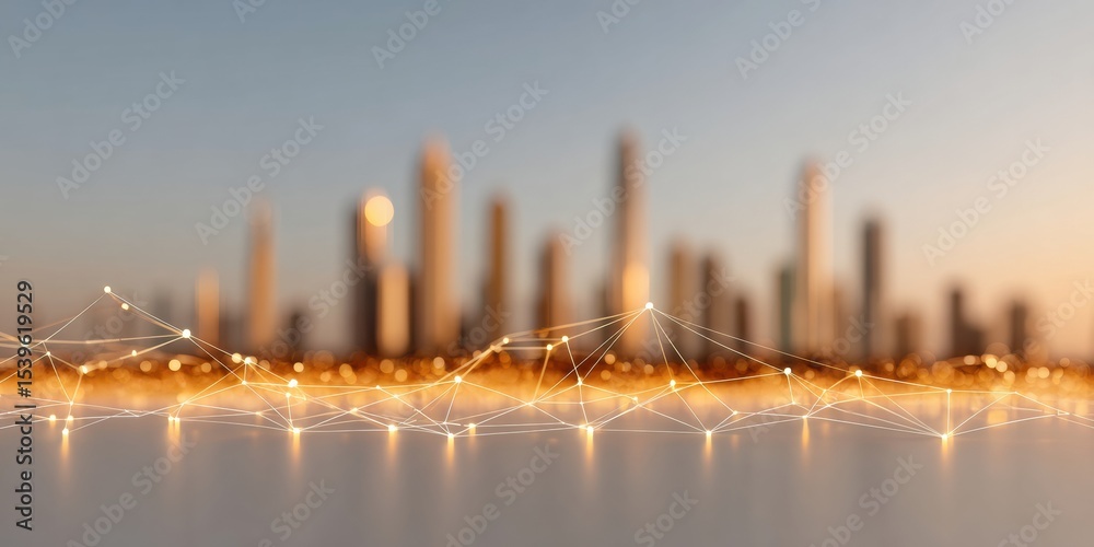 Aufkleber Digital City Skyline at Twilight with Connected Network Points Visualizing Global Communication and Technology-Driven Urban Growth Marketing Concept