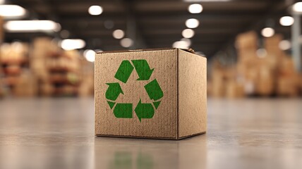 A cardboard box with a green recycling symbol on it
