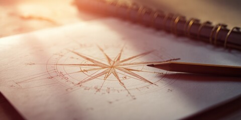 Warm earthy geometric compass rose sketch on textured paper with golden lamplight, academic navigation design for cozy educational and cartography content