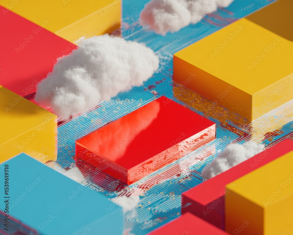 Poster Isometric Digital Security Patch with Cloud and Network Elements in Pop-Art Style Featuring Triadic Palette and Circuit Patterns for Tech Solutions