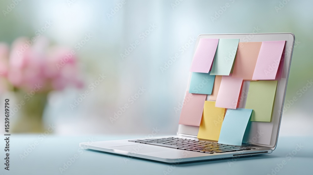 Aufkleber Misty Dawn Laptop with Colorful Sticky Notes and Digital Password Manager Interface, Soft Blue Palette, Modern Productivity and Secure Workflow Concept