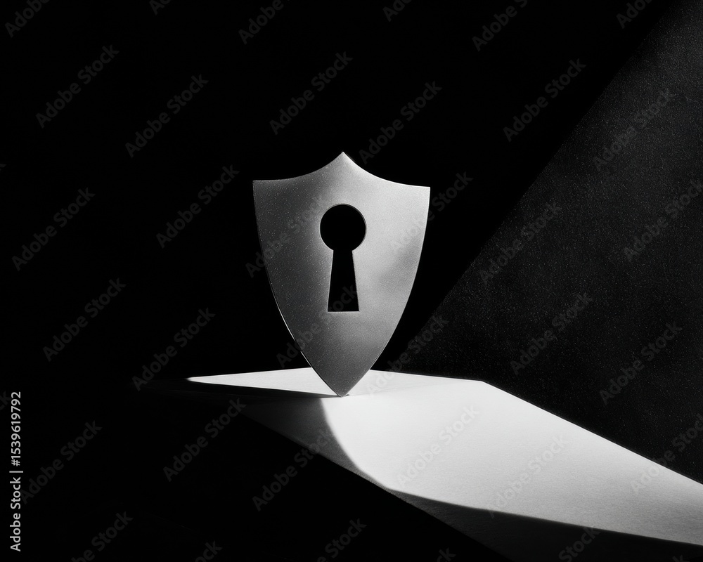 Poster dramatic metallic shield with keyhole symbol under harsh chiaroscuro lighting representing cybersecu