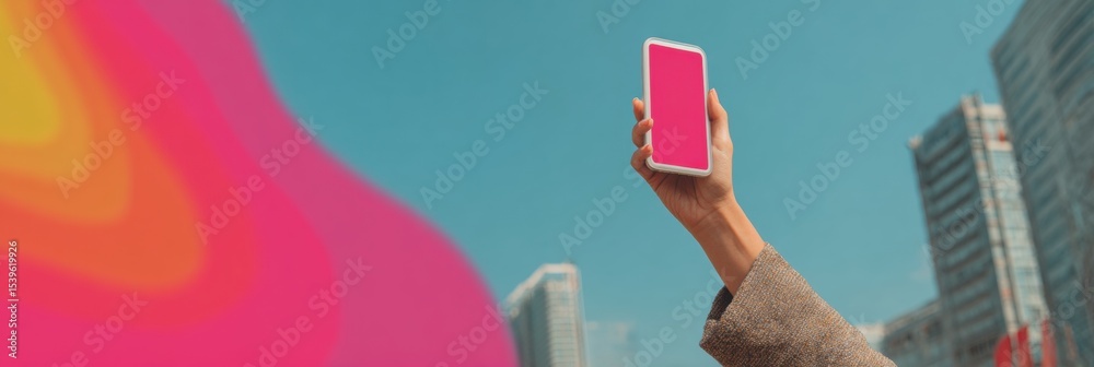 Poster futuristic smartphone hotspot display in urban plaza with vibrant magenta and cyan backlighting symb