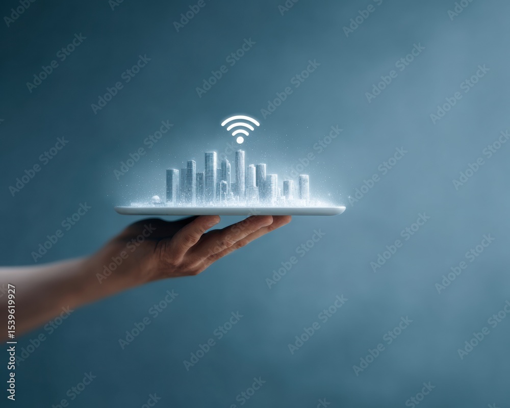 Poster futuristic smart city skyline on digital tablet with 5g wireless network icons - telecom innovation 