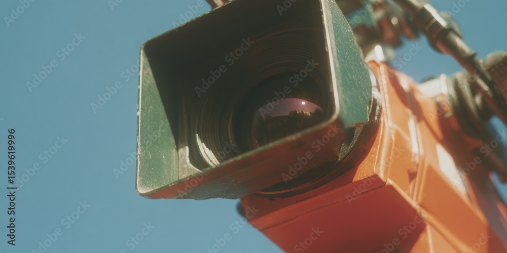 Poster professional television camera equipment with bold geometric design and dynamic harsh lighting in me