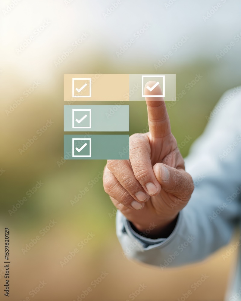 Poster Digital Progress Checklist Interface with Connected Checkmarks in Serene Pastoral Light for Workflow Automation and Task Efficiency in Business Context