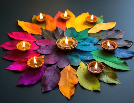 Colorful leaves, arranged in a circle, with small clay oil lamps burning on each leaf - Powered by Adobe
