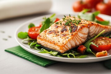A grilled salmon fillet served on a bed of fresh greens and cherry tomatoes, garnished with herbs on a white plate.