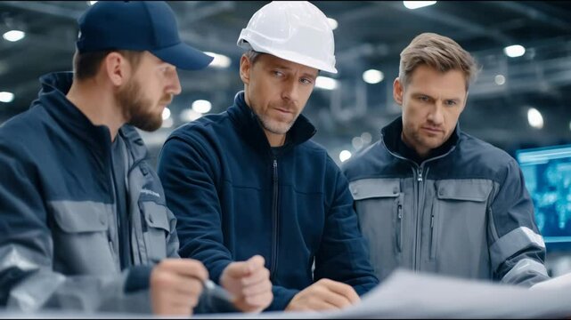 Industrial engineers and supervisor wearing hardhat analyzing blueprints in modern factory - Powered by Adobe
