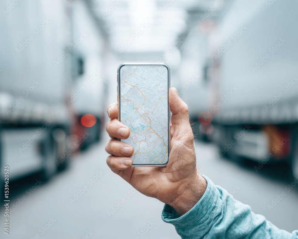 Poster modern truck driver using smartphone gps navigation for efficient urban logistics and route tracking