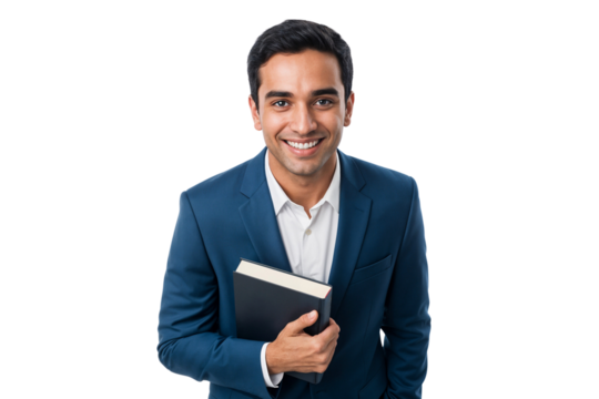 Confident young businessman smiling while holding a book, wearing a formal blue suit. Isolated on transparent background with professional studio lighting