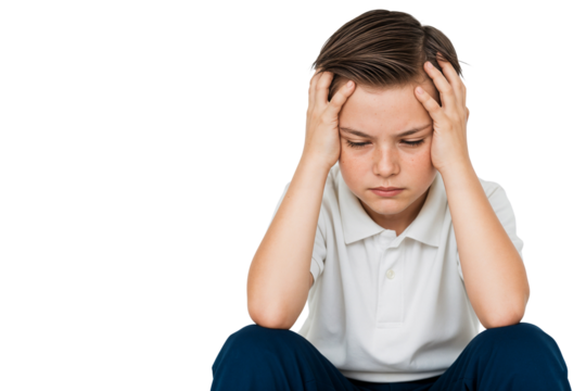 Stressed young boy sitting with head in hands, showing frustration and disappointment after failing an exam. Emotional expression isolated on transparent background