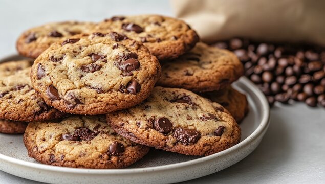 Stacked chocolate chip cookies on a plate, with coffee beans in the background
