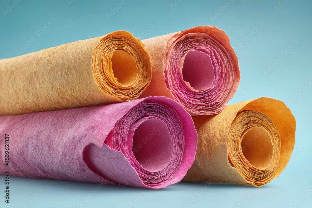 Poster vibrant rolled parchment scrolls with textured weathered edges in bold magenta and golden hues, show