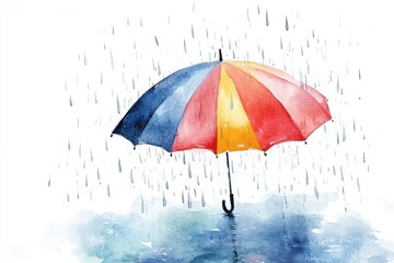 A colorful umbrella protects from heavy rain, with water droplets falling and forming a reflective puddle below.