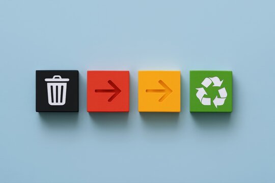 Colorful Block Icons Illustrating Waste Management Process Trash, Sorting, and Recycling - Powered by Adobe