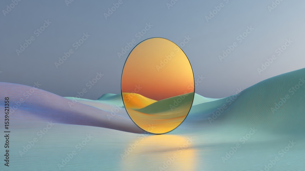 Poster self-reflection mirror floating in an abstract landscape with soft hills and a serene sunset glow