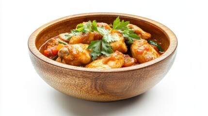 Fototapeta premium Chicken stew in a wooden bowl, garnished with parsley.