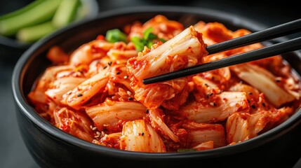 A pair of dark wood chopsticks lifting spicy kimchi from a traditional bowl