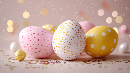 Easter eggs in pink, yellow, white, and gold are artistically displayed on a soft beige background.
