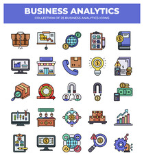 Collection of Business Analytics Icons: Data Analysis. Financial Reports. and Marketing Strategies