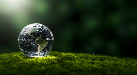 Eco friendly world globe on green moss nature background