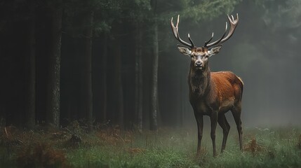 Fototapeta premium Red deer standing proud in a misty morning forest
