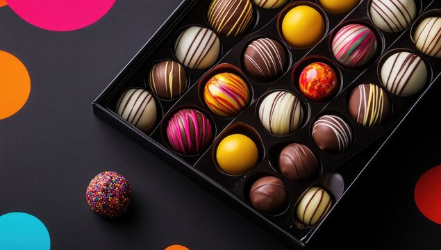 Assorted colorful chocolate truffles in a black box on a black background with colorful polka dots
